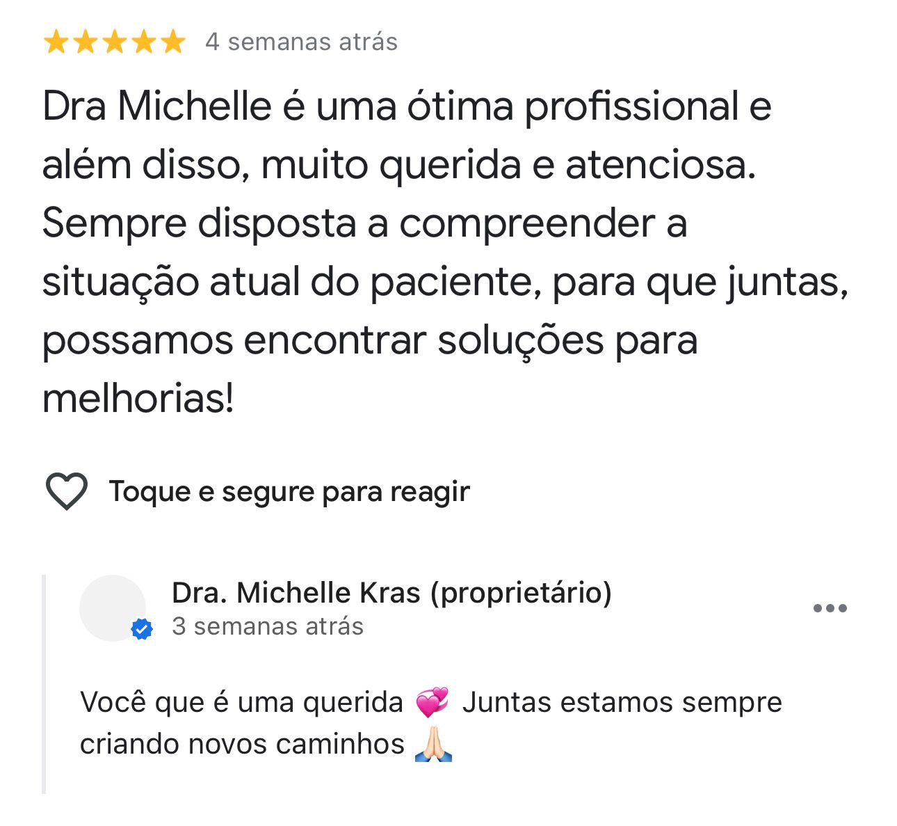Avaliação de Giane no Google sobre a Dra. Michelle Krás