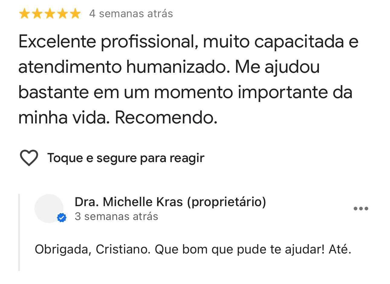 Avaliação de Cristiano no Google sobre a Dra. Michelle Krás