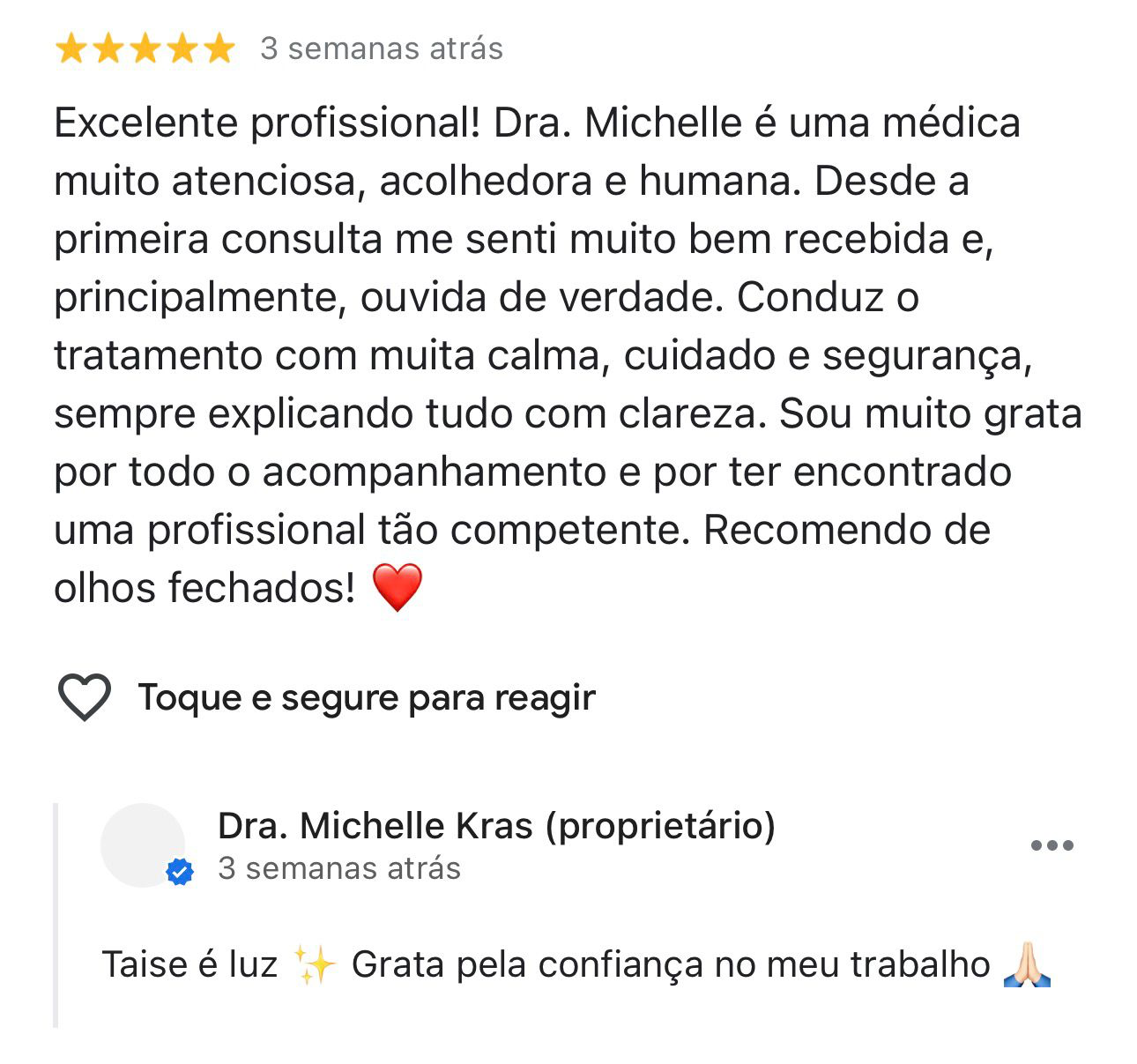 Avaliação de Taise no Google sobre a Dra. Michelle Krás