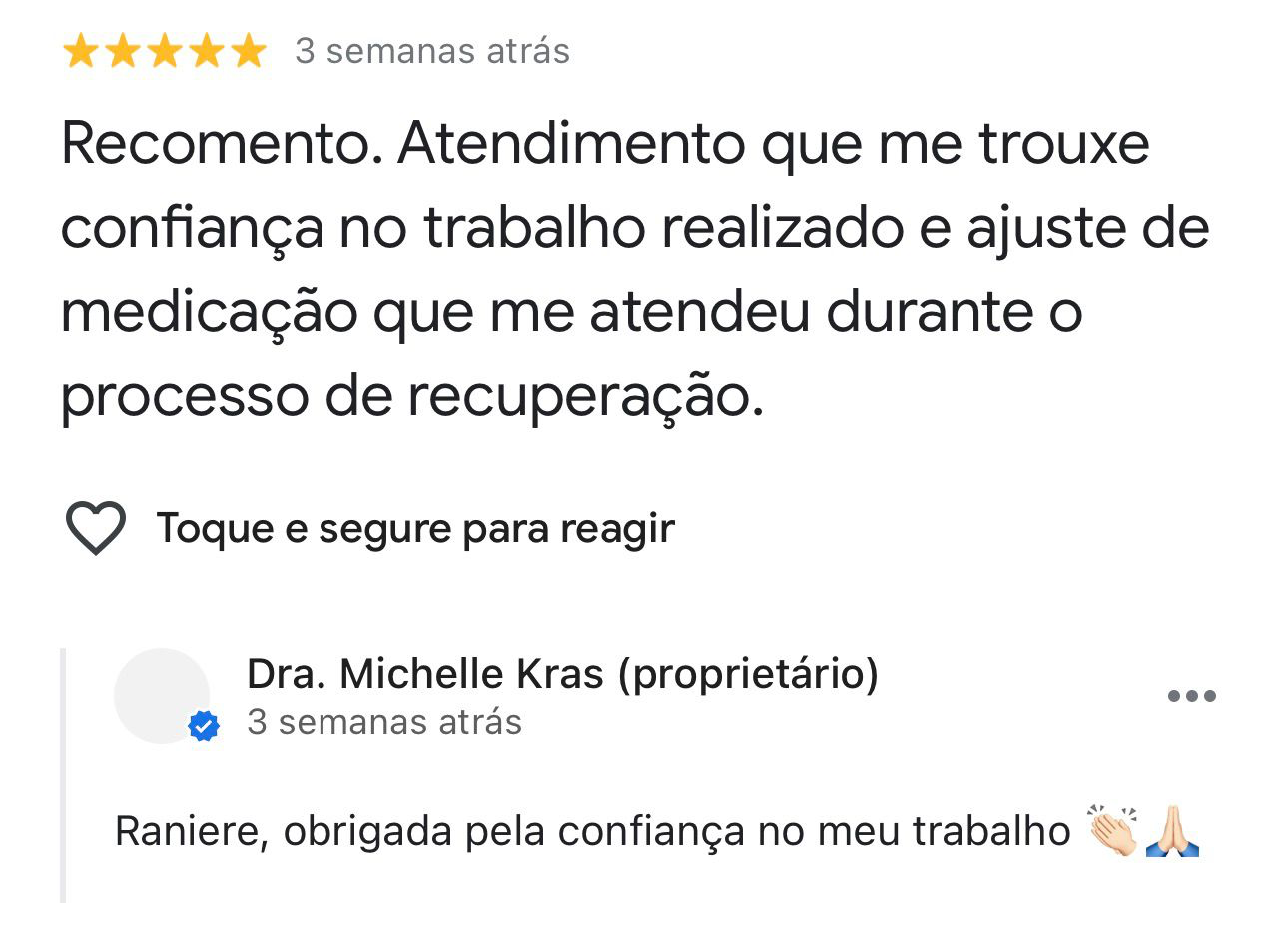 Avaliação de Raniere no Google sobre a Dra. Michelle Krás