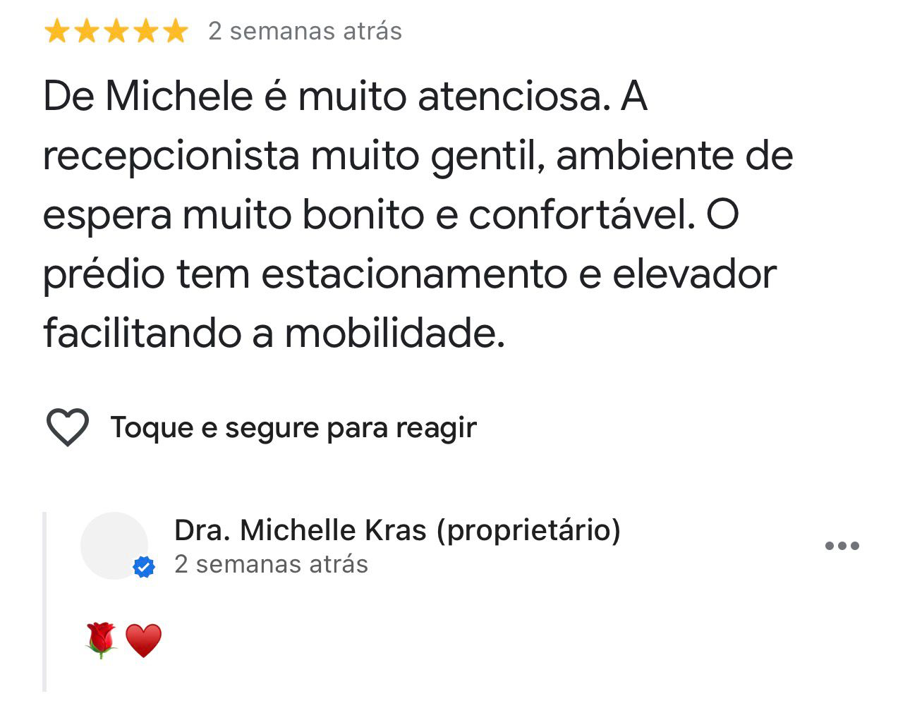 Avaliação de paciente no Google sobre a Dra. Michelle Krás