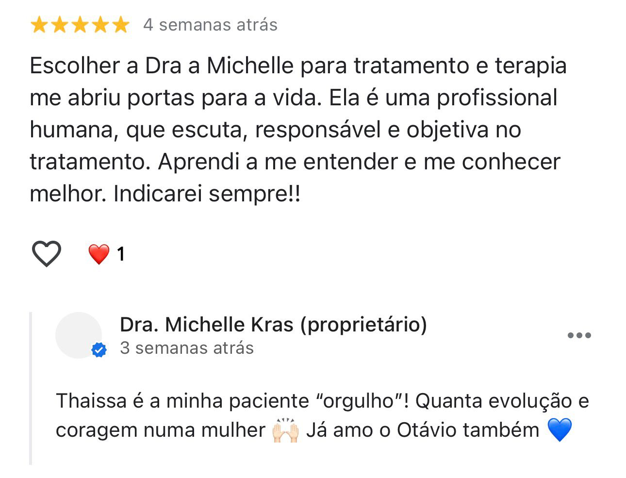 Avaliação de Thaissa no Google sobre a Dra. Michelle Krás