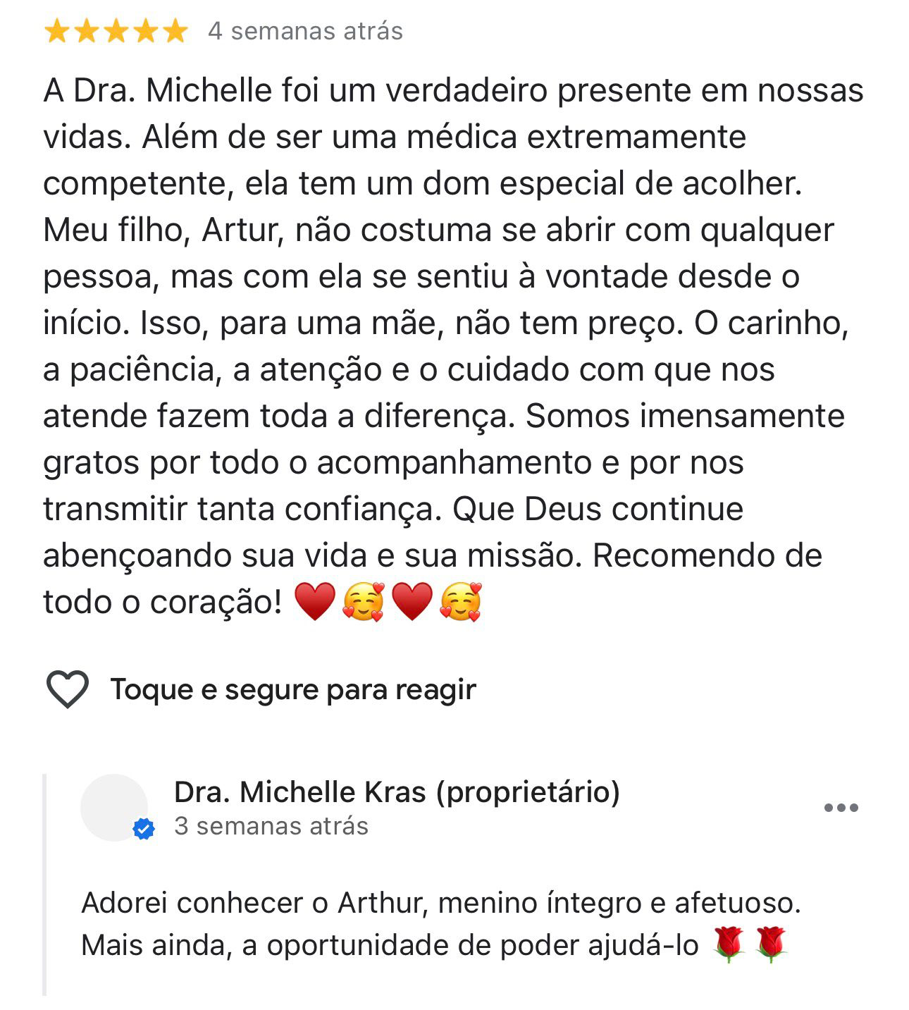 Avaliação da mãe do Arthur no Google sobre a Dra. Michelle Krás